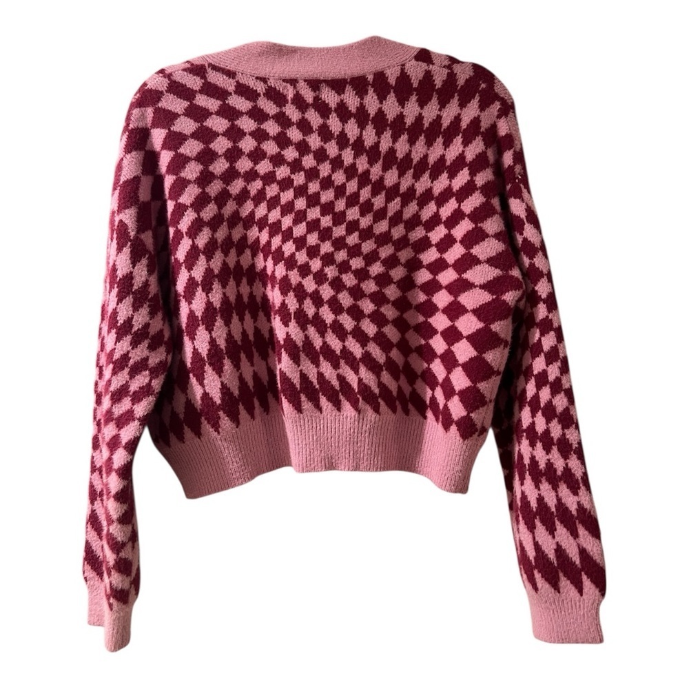 COTTON On Pink and Burgundy Checkered Women's Cardigan Sweater- Size M - Picture 2 of 5